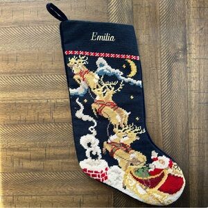 Lands' End Navy Christmas needlepoint Emila stocking
